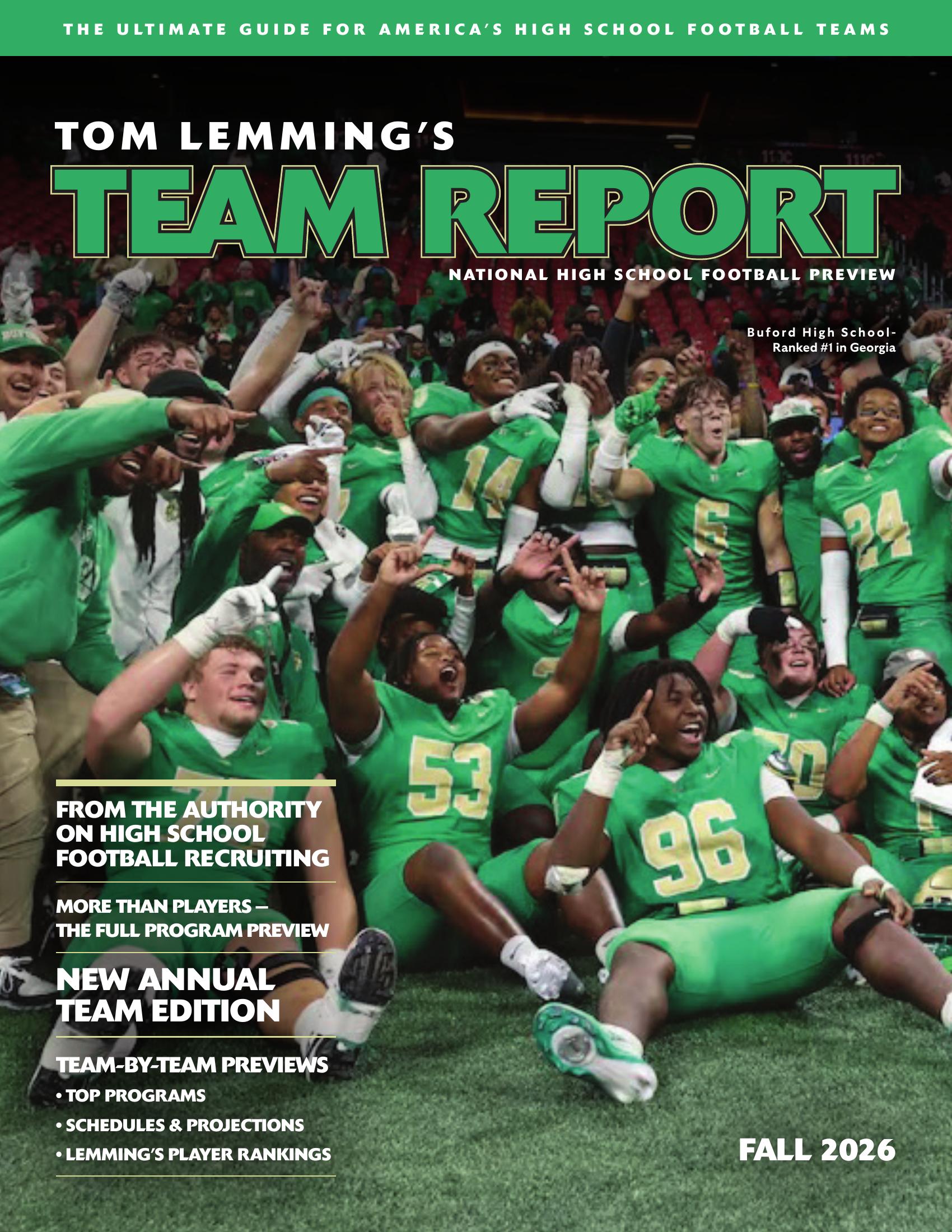 Tom Lemming's Team Report — National High School Football Preview, Fall 2026 issue featuring Buford High School, ranked #1 in Georgia